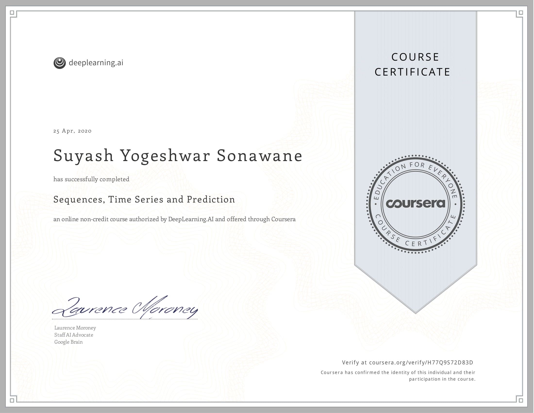 Suyash Sonawane | Sequences, Time Series and Prediction